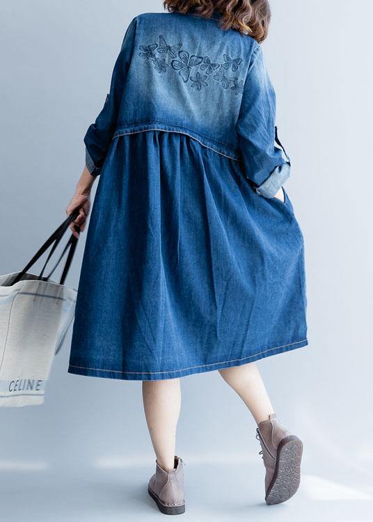 Organic denim blue embroidery Fine clothes For Women Wardrobes striped collar fall outwears - SooLinen