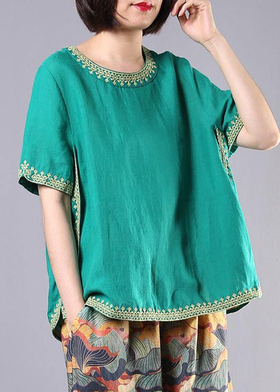 Organic embroidery linen cotton clothes green o neck Dresses blouses summer - SooLinen