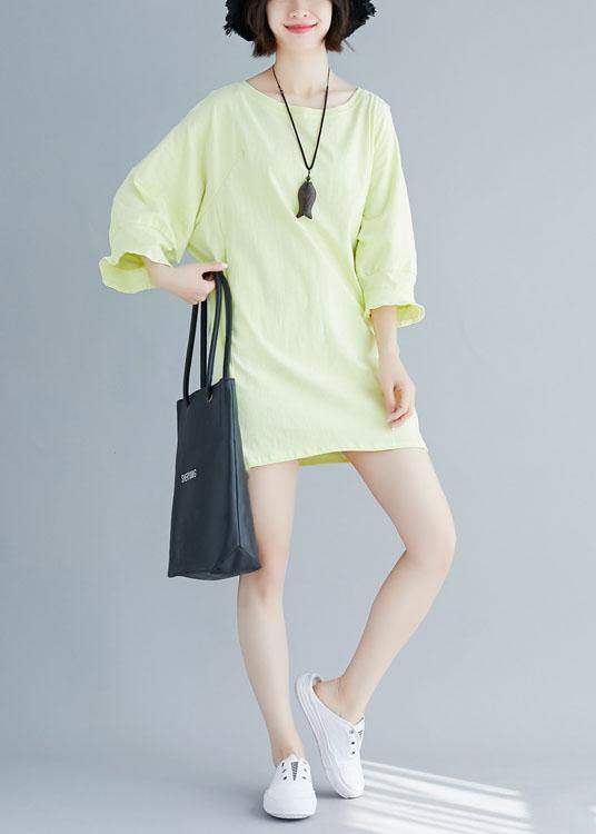 Organic flare sleeve Cotton clothes Women Tunic Tops light yellow Dresses summer - SooLinen