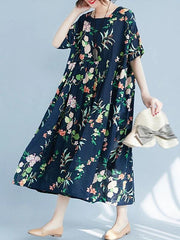 Organic floral cotton linen Robes o neck large hem Love summer Dresses - SooLinen