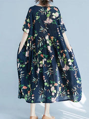Organic floral cotton linen Robes o neck large hem Love summer Dresses - SooLinen