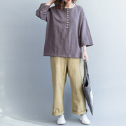 Organische graue Baumwolloberteile Frauen Mode Weihnachtsgeschenke Kleider O-Ausschnitt Bluse mit drei Vierteln Ärmeln