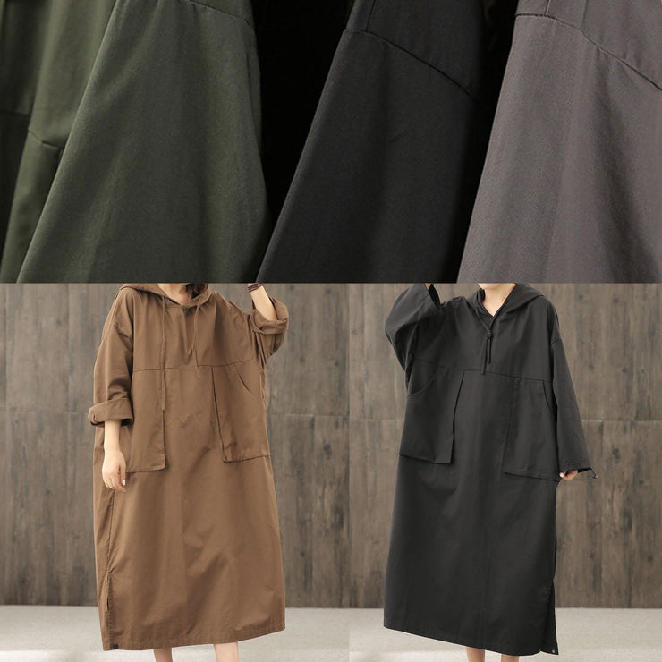 Organic gray tunics for women hooded side open Dress - SooLinen