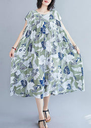 Organic green print clothes o neck pockets cotton summer Dresses - SooLinen