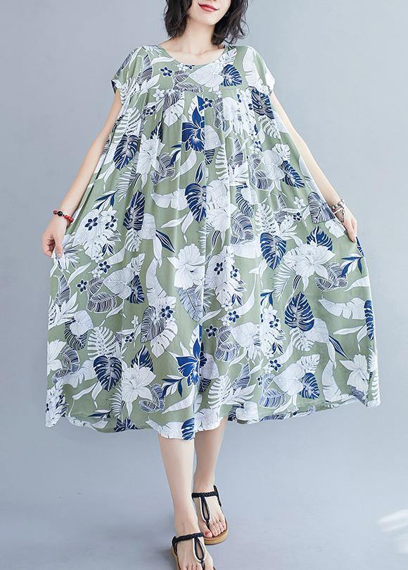 Organic green print clothes o neck pockets cotton summer Dresses - SooLinen