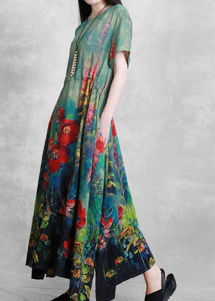 Organic green print dresses o neck tie waist Robe summer Dress - SooLinen