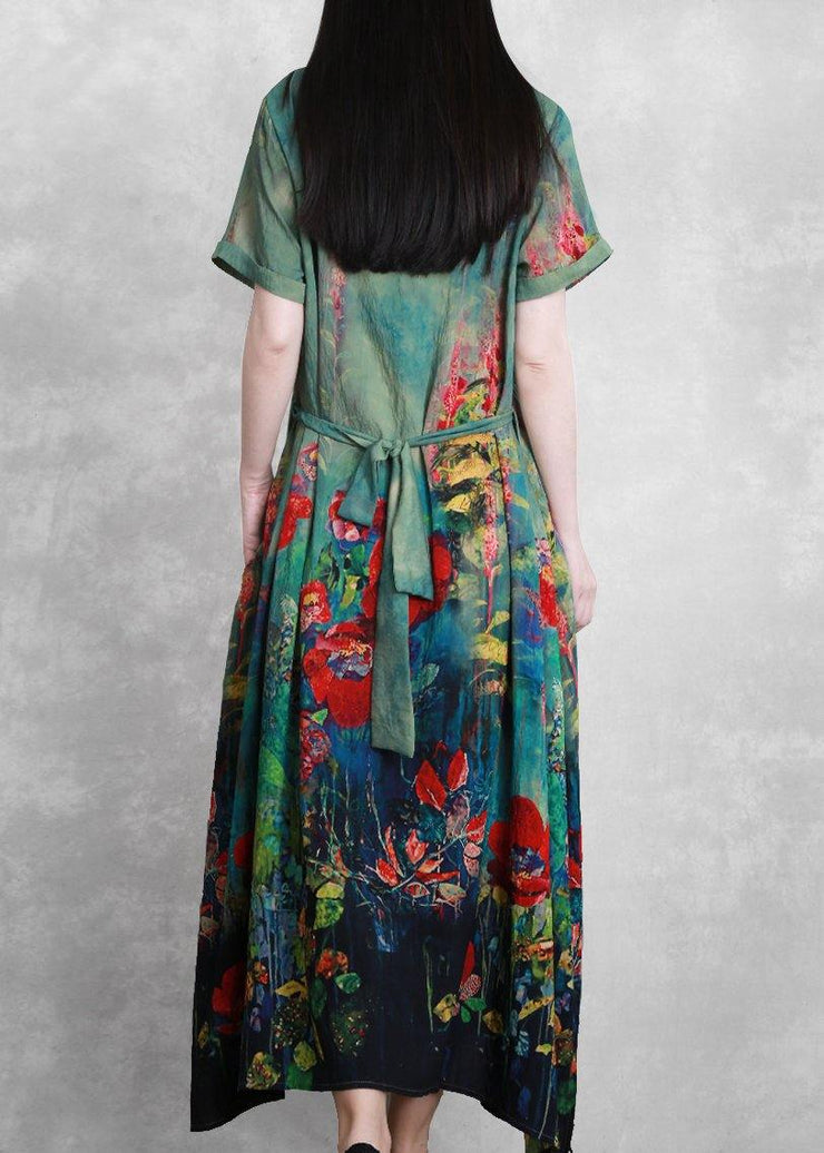 Organic green print dresses o neck tie waist Robe summer Dress - SooLinen