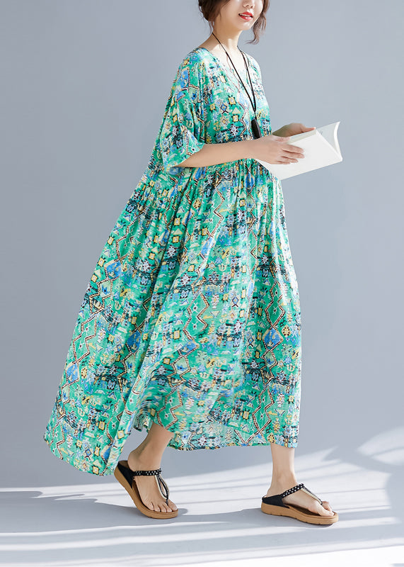 Organic green print linen Wardrobes Vintage design o neck Cinched Robe Summer Dresses
