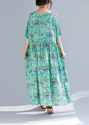 Bio-Leinen mit grünem Druck Kleiderschränke Vintage-Design O-Ausschnitt Cinched Robe Sommerkleider