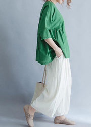 Organic green Cinched linen cotton tunic pattern Wardrobes half sleeve summer top - SooLinen