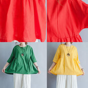 Organic green Cinched linen cotton tunic pattern Wardrobes half sleeve summer top - SooLinen
