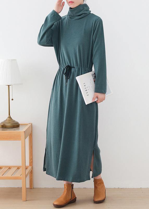 Organic high neck drawstring outfit Photography green Maxi Dresses - SooLinen