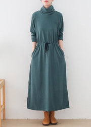 Organic high neck drawstring outfit Photography green Maxi Dresses - SooLinen