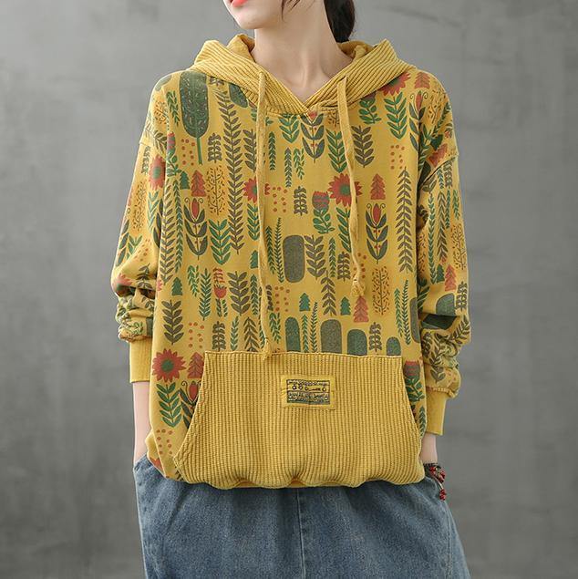 Organic hooded fall crane tops Neckline yellow Plant printing shirts - SooLinen