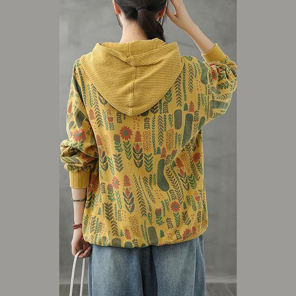 Organic hooded fall crane tops Neckline yellow Plant printing shirts - SooLinen