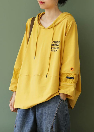 Organic hooded patchwork clothes Fashion Ideas yellow Letter blouses - SooLinen