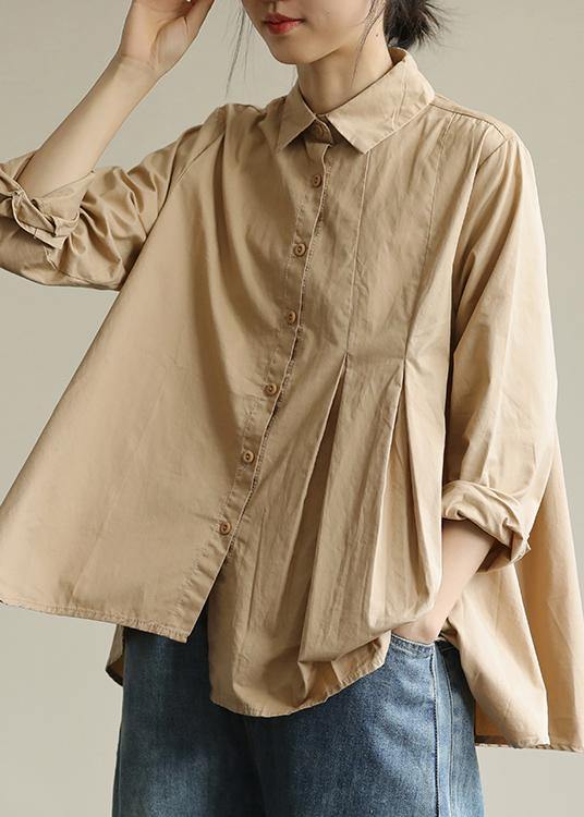 Organic khaki Tunic lapel asymmetric short shirt - SooLinen