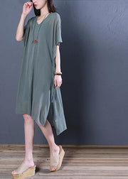 Organic khaki linen clothes For Women v neck side open baggy summer Dress - SooLinen