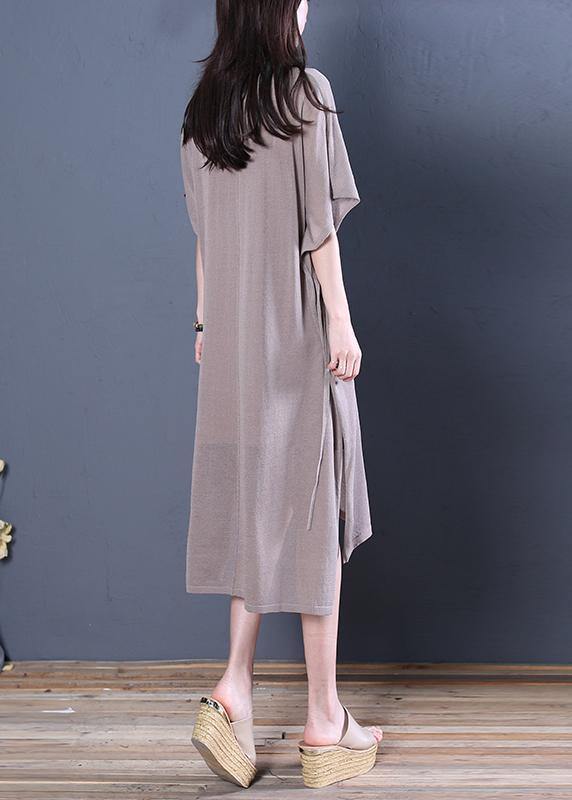 Organic khaki linen clothes For Women v neck side open baggy summer Dress - SooLinen
