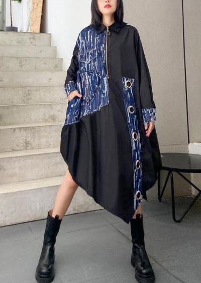 Organic lapel asymmetric dresses Catwalk black Robe Dress - SooLinen