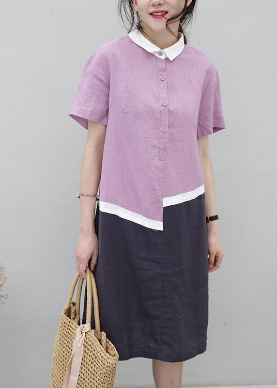 Organic lapel patchwork linen summerLong Shirts pattern purple Dress - SooLinen