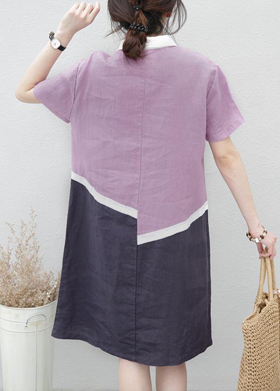 Organic lapel patchwork linen summerLong Shirts pattern purple Dress - SooLinen