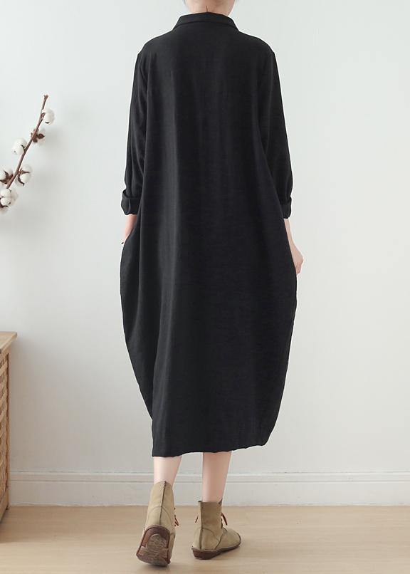 Organic lapel pockets fall Tunics Fabrics black Plus Size Dresses - SooLinen