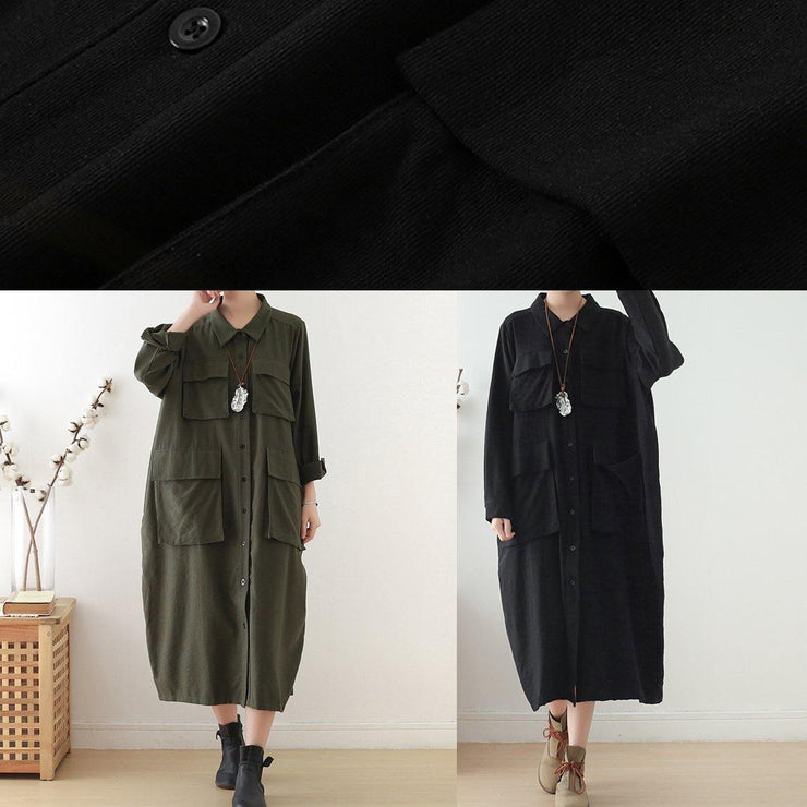 Organic lapel pockets fall Tunics Fabrics black Plus Size Dresses - SooLinen