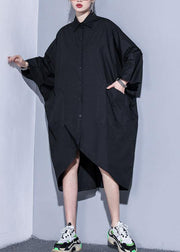 Organic lapel pockets patchwork cotton spring clothes For Women design black Traveling Dress - SooLinen