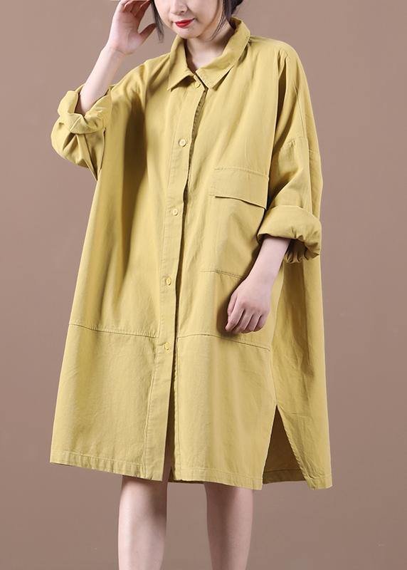Organic lapel side open spring clothes For Women Inspiration yellow Dresses - SooLinen