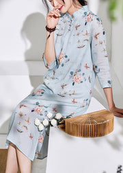 Organic light blue linen clothes stand collar half sleeve loose summer Dress - SooLinen