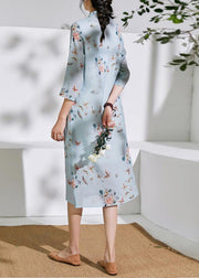 Organic light blue linen clothes stand collar half sleeve loose summer Dress - SooLinen