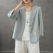 Organic light blue shirts v neck Chinese Button Knee blouse - SooLinen