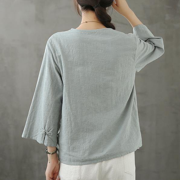 Organic light blue shirts v neck Chinese Button Knee blouse - SooLinen