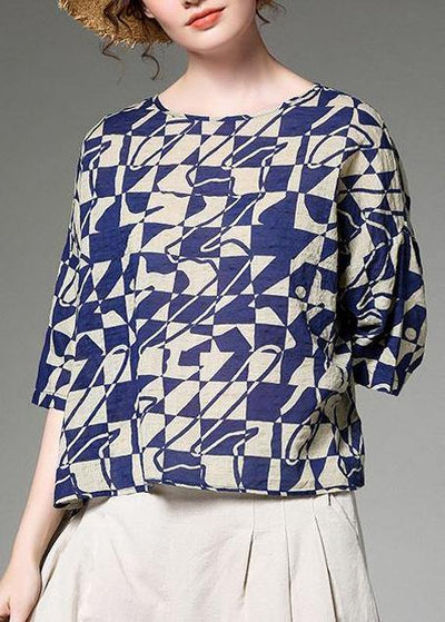 Organic linen cotton Tunic Korea Women Summer Short Sleeve Blue Plaid Blouse - SooLinen