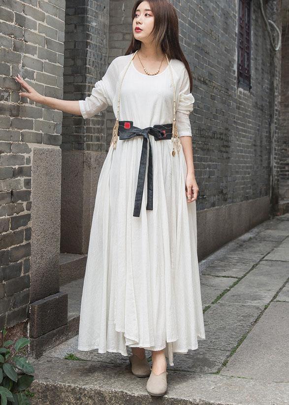 Organic long sleeve cotton linen quilting dresses Work white patchwork Dress summer - SooLinen