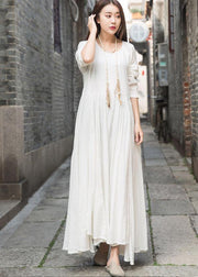 Organic long sleeve cotton linen quilting dresses Work white patchwork Dress summer - SooLinen