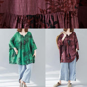 Organic loose cotton linen summerclothes green prints v neck loose blouse - SooLinen