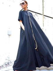 Organic navy dresses short sleeve large hem cotton spring Dresses - SooLinen