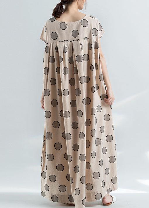 Organic nude dotted prints cotton tunic pattern loose waist Maxi summer Dress - SooLinen