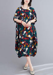 Organic o neck Batwing Sleeve dress Fabrics blue print Maxi Dresses - SooLinen