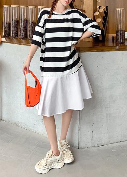 Organic o neck Ruffles summer tunics for women Work black white striped Dresses - SooLinen