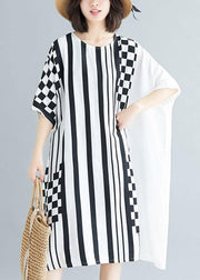 Organic o neck asymmetric Cotton white striped Dress summer - SooLinen