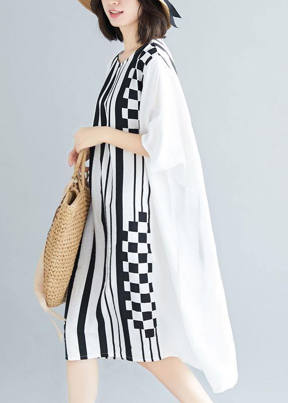 Organic o neck asymmetric Cotton white striped Dress summer - SooLinen