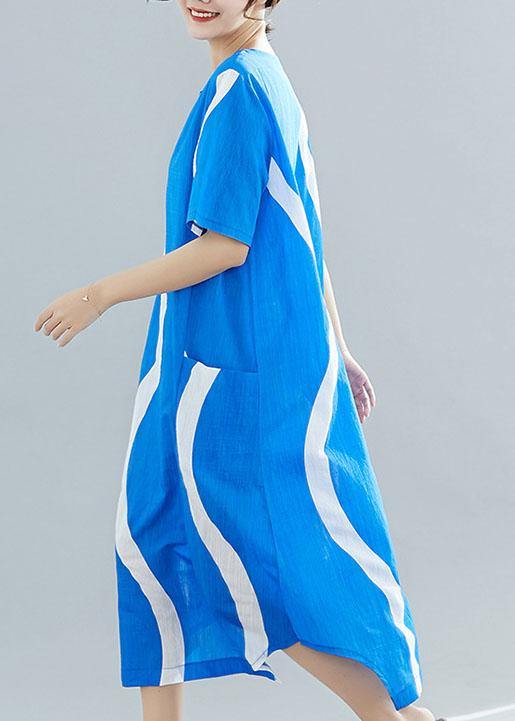 Organic o neck asymmetric cotton tunic top Runway blue striped Art Dresses summer - SooLinen