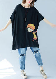 Organic o neck asymmetric linen summer Tunic Shirts black Dress - SooLinen