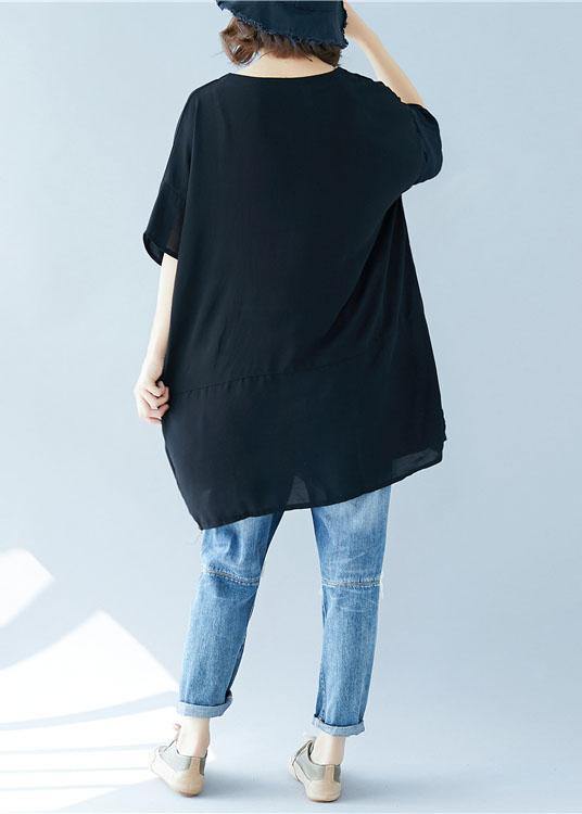 Organic o neck asymmetric linen summer Tunic Shirts black Dress - SooLinen