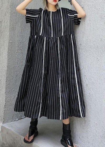 Organic o neck cotton clothes Sleeve black striped Robe Dresses summer - SooLinen