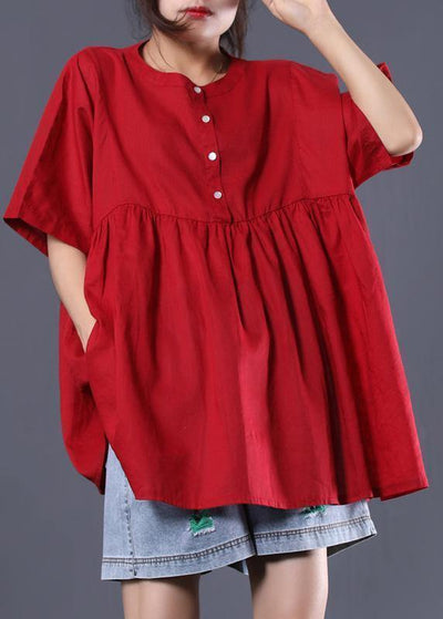 Organic o neck cotton shirts red short tops summer - SooLinen