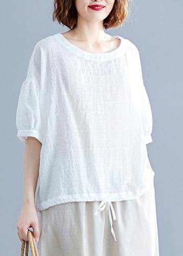 Organic o neck drawstring cotton Blouse Christmas Gifts white blouses - SooLinen
